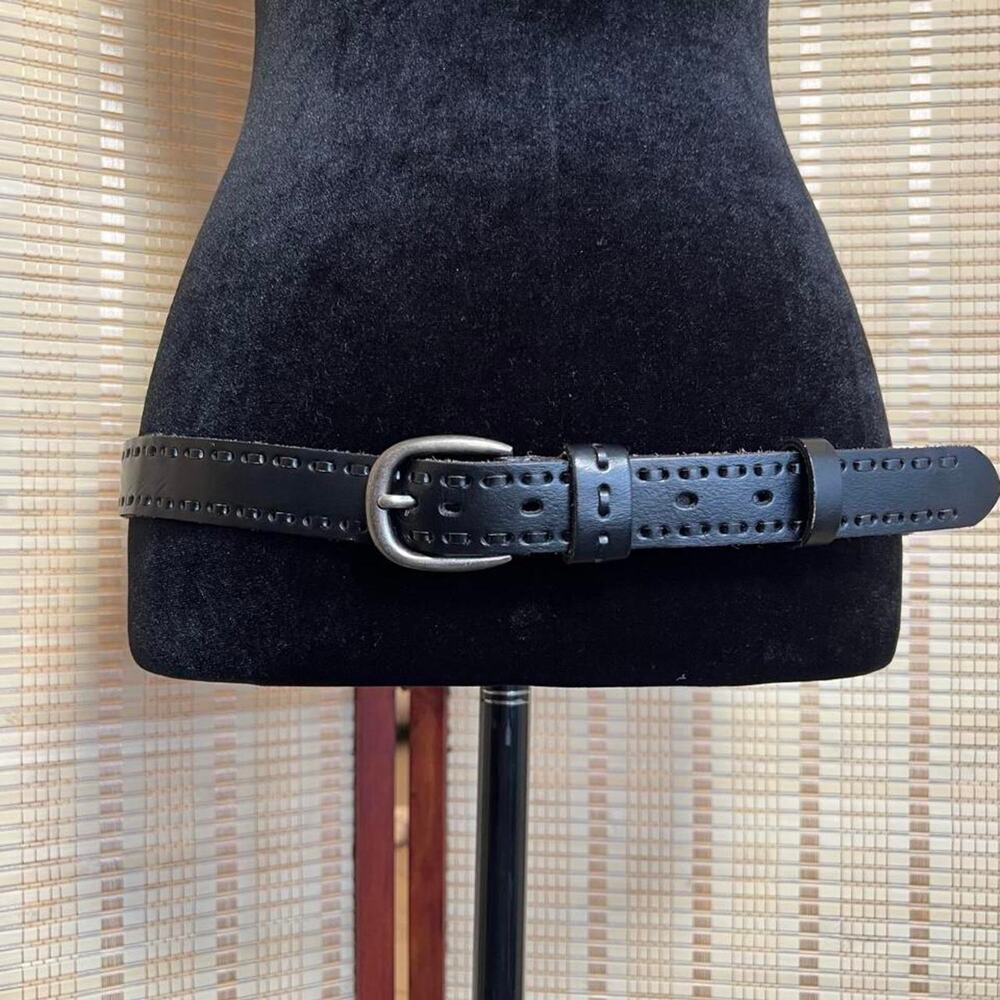 Vintage Real Leather Black Woven Stitch Accent Belt Size 90/36